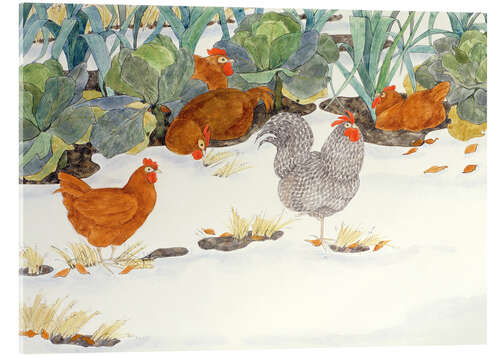 Tableau en verre acrylique Poulets au potager