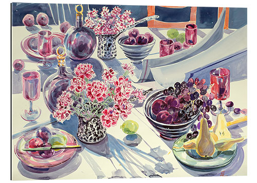 Galleritryck Watercolor kitchen table with fruits and flowers