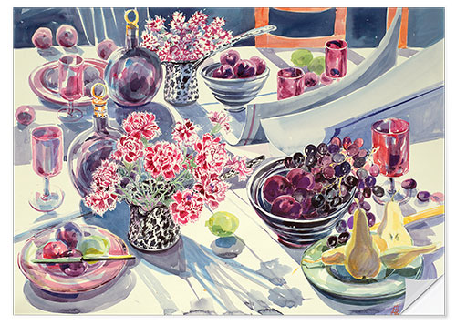 Självhäftande poster Watercolor kitchen table with fruits and flowers