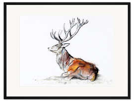 Gerahmter Kunstdruck Liegender Hirsch