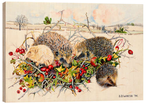 Wood print Hedgehogs in Hedgerow Basket