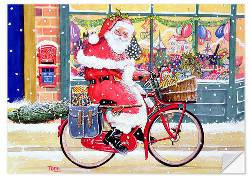 Selvklebende plakat Father Christmas on a Bicycle