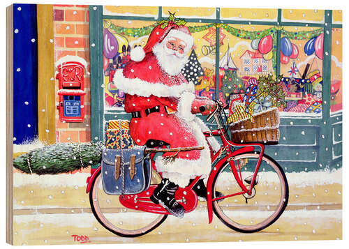 Wood print Father Christmas on a Bicycle