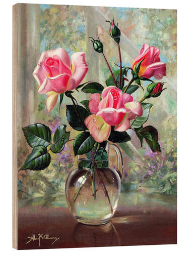 Wood print Madame Butterfly Roses in a Glass Vase