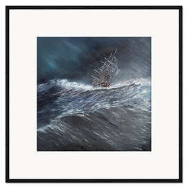 Inramat konsttryck HMS Beagle i storm på Cape Horn, 1832