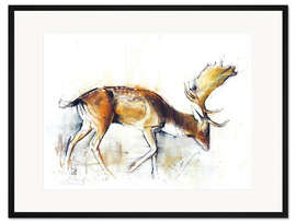 Gerahmter Kunstdruck Hirsch auf Futtersuche