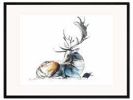 Gerahmter Kunstdruck Hirsch mit Vogel