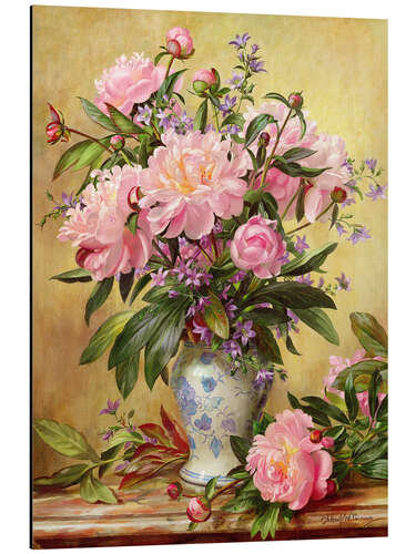 Aluminium print Vase of peonies and canterbury bells