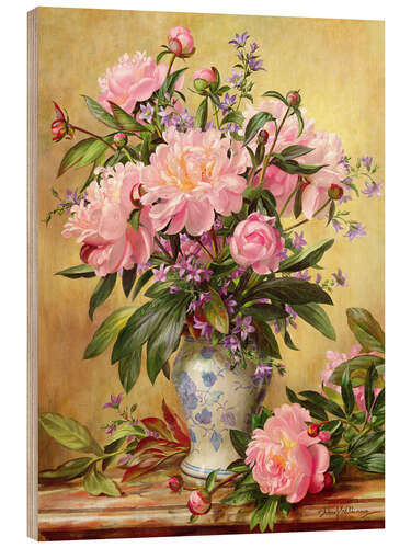 Wood print Vase of peonies and canterbury bells