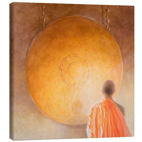 Leinwandbild Junger Buddhistenmönch mit einem Gong