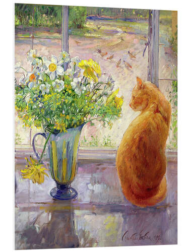 Hartschaumbild Katze mit Blumen im Fenster