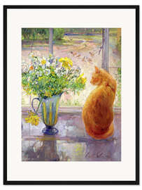 Gerahmter Kunstdruck Katze mit Blumen im Fenster - Timothy Easton