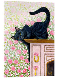 Acrylglasbild Katze über dem Rosenbeet