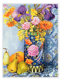 Wall print  Irises and roses in a Japanese vase with pears - Joan Thewsey