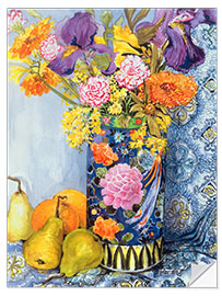 Wandsticker Iris und Rosen in einer japanischen Vase mit Birnen