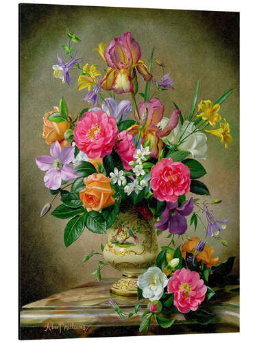 Aluminium print Peonies and irises in a ceramic vase