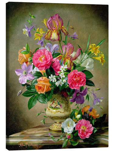 Canvastavla Peonies and irises in a ceramic vase