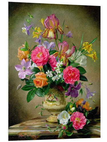 Foam board print Peonies and irises in a ceramic vase