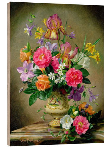 Wood print Peonies and irises in a ceramic vase