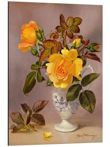 Aluminium print Orange Roses in a blue and white jug