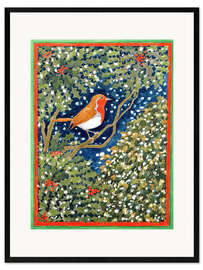 Gerahmter Kunstdruck Rotkehlchen und Stechpalme