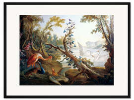 Gerahmter Kunstdruck See mit Schwänen, Flamingo und Pfau