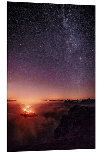 Print på skumplade Nightscape view from Leglerhütte over cloudscape by night, Glarus, Switzerland