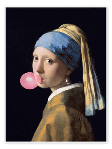 Poster Flicka med pärlörhänge och tuggummi