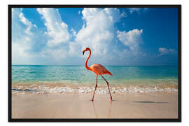 Gerahmter Kunstdruck Flamingo am Strand