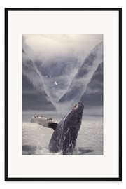 Gerahmter Kunstdruck Buckelwal vor nebligen Bergen
