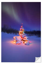 Selvklebende plakat Christmas tree and Northern Lights