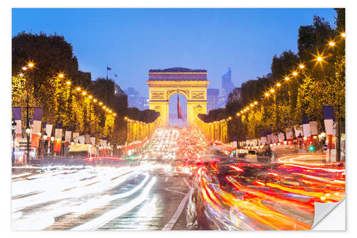 Selvklebende plakat Champs Elysees and Arc de Triomphe at night, Paris, France