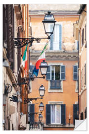 Naklejka na ścianę Street in the centre of old town with italian flags, Rome, Italy