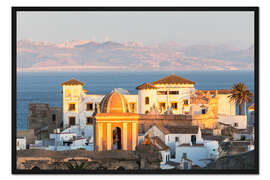 Gerahmter Kunstdruck Straße von Gibraltar und die Stadt Tarifa bei Sonnenuntergang, Andalusien, Spanien