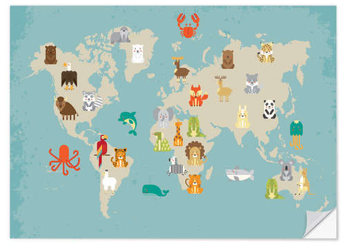 Sticker mural Carte du monde avec des animaux