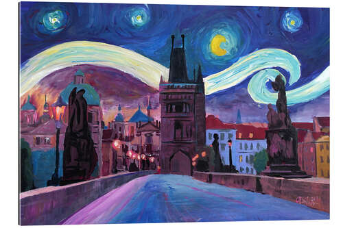 Quadro em plexi-alumínio Starry Night in Prague   Van Gogh Inspirations on Charles Bridge in Czech Republic