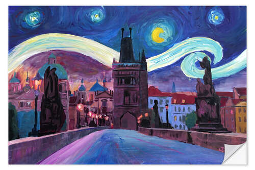 Selvklebende plakat Starry Night in Prague   Van Gogh Inspirations on Charles Bridge in Czech Republic