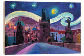 Quadro de madeira Starry Night in Prague   Van Gogh Inspirations on Charles Bridge in Czech Republic