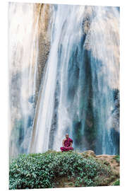 Foam board print Monk meditating at a waterfall