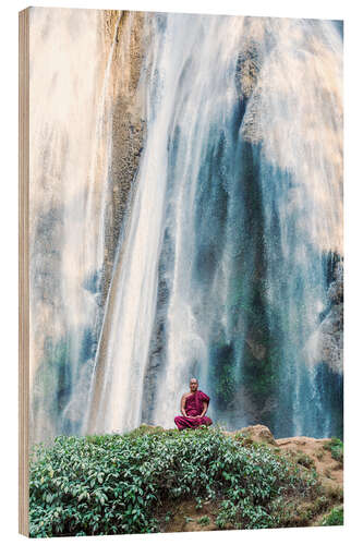 Wood print Monk meditating at a waterfall