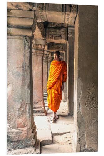 Foam board print Monk walking inside Agkor Wat temple, Cambodia