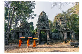 Foam board print Monks with umbrellas inside Angkor Wat temples, Cambodia