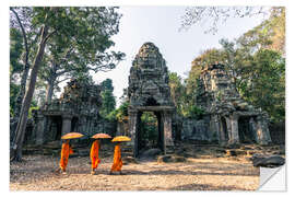 Wandsticker Mönche mit Regenschirmen innerhalb Angkor Wat Tempel, Kambodscha