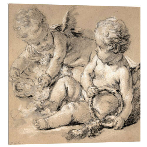 Tableau en plexi-alu Putti ailés avec des fleurs