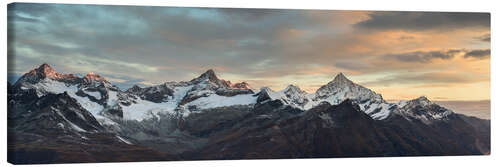 Canvas print Panorama from Gornergrat at sunrise  Obergabelhorn, Zinalrothorn, Weisshorn and Bietschorn mountain