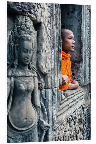 Foam board print Buddhist monk inside a temple, Angkor, Cambodia