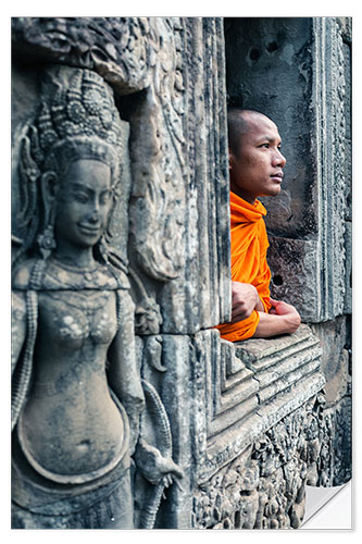 Selvklæbende plakat Buddhist monk inside a temple, Angkor, Cambodia