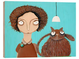 Tableau en bois Mrs Wopat With Her Ball-headed Cat - Lacaluna