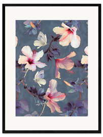 Plakat artystyczny premium w ramie Butterflies and Hibiscus Flowers - a painted pattern