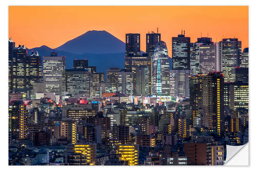 Selvklebende plakat Shinjuku city view at night with Mount Fuji in the background